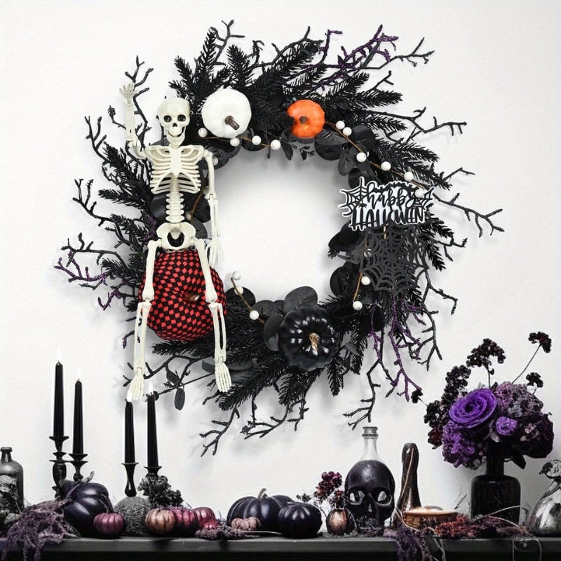 Halloween Wieniec na Drzwi ze Szkieletem i Dyniami Czarna Dekoracja - Image 2