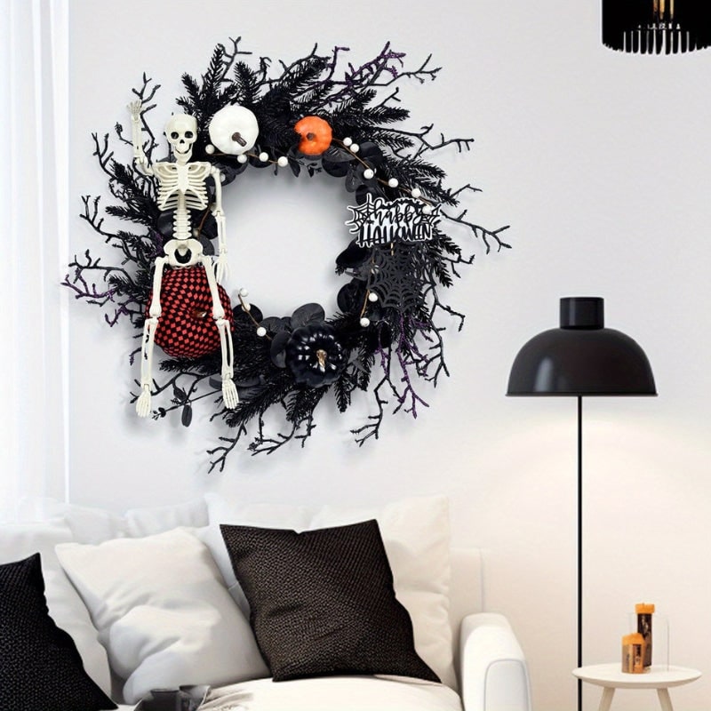 Halloween Wieniec na Drzwi ze Szkieletem i Dyniami Czarna Dekoracja - Image 3