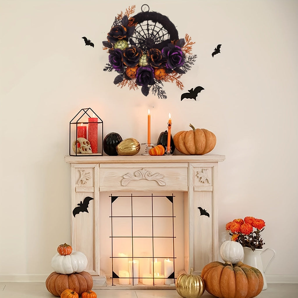 Halloween Wieniec na Drzwi ze Sztucznymi Różami i Pajęczyną do Dekoracji - Image 2