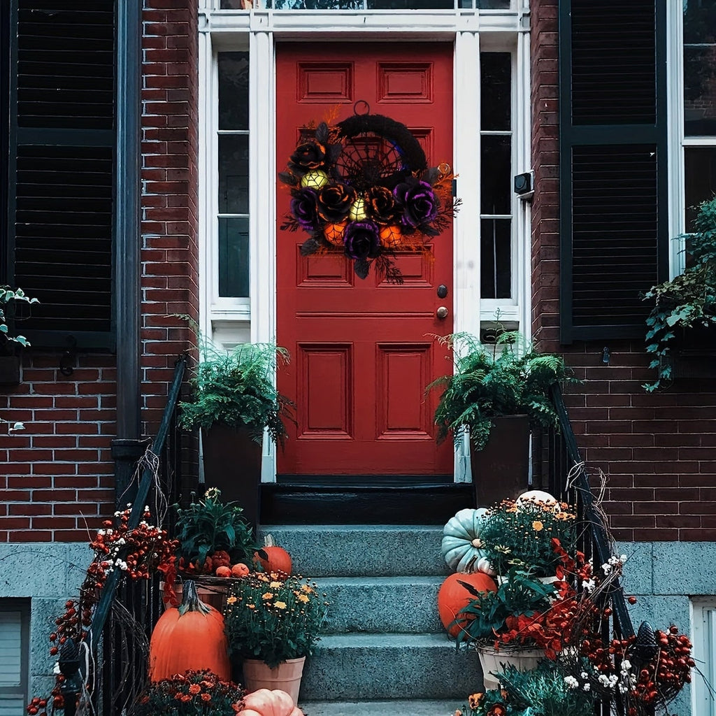 Halloween Wieniec na Drzwi ze Sztucznymi Różami i Pajęczyną do Dekoracji - Image 4