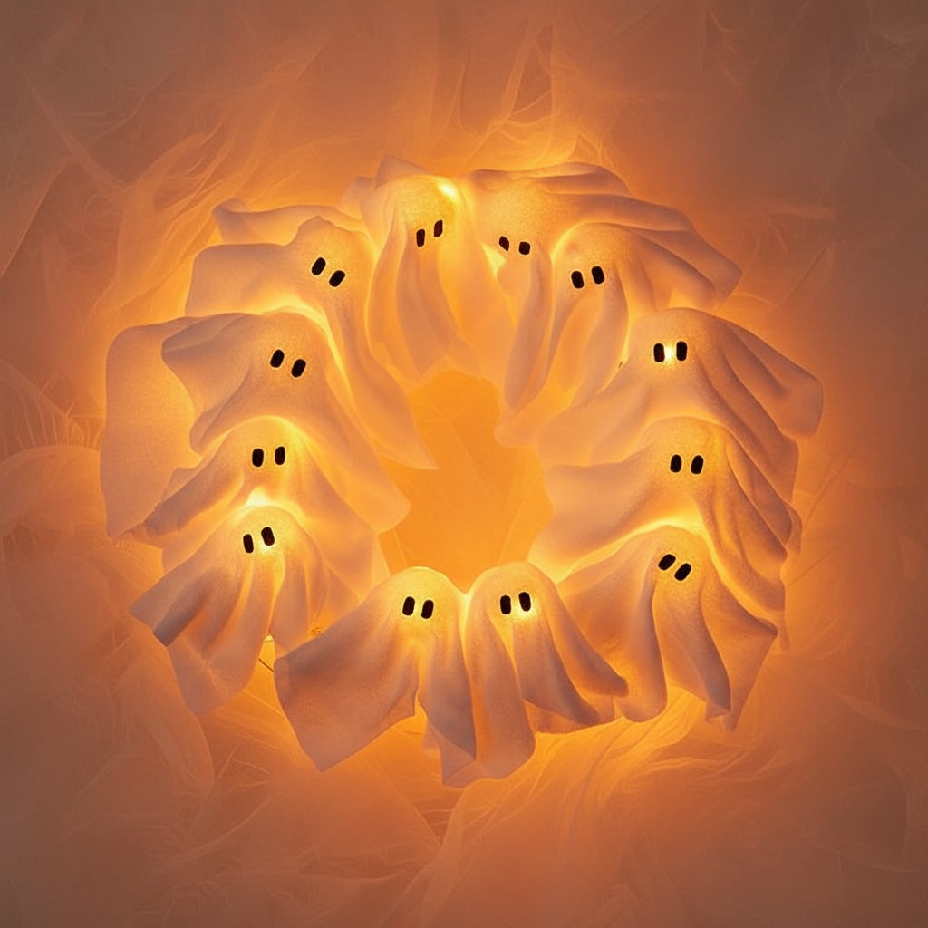 Halloween Wieniec na Drzwi ze świecącymi Duszkami LED i Gazą - Image 1
