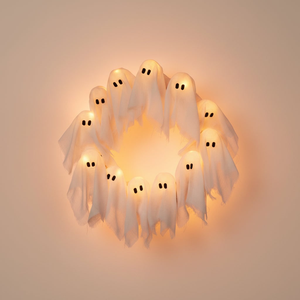 Halloween Wieniec na Drzwi ze świecącymi Duszkami LED i Gazą - Image 2
