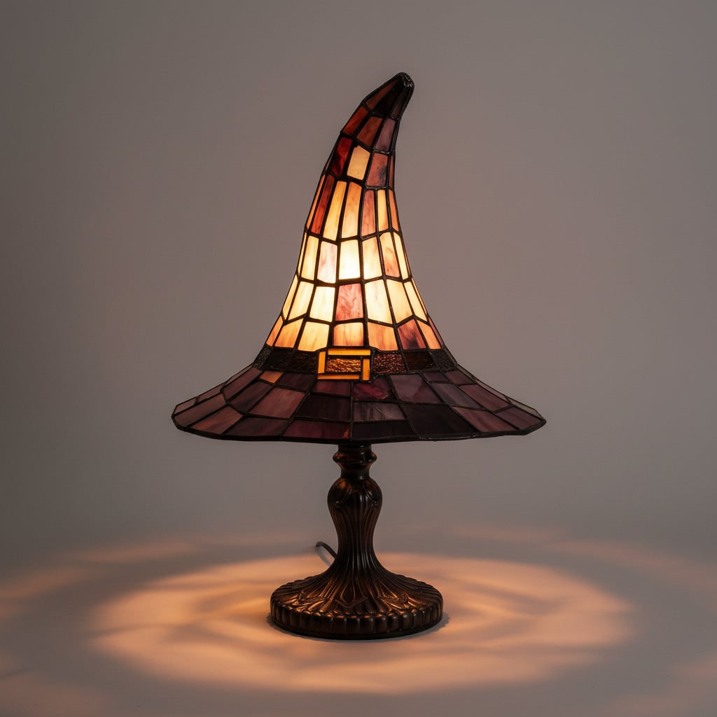 Halloween Witrażowa Lampa Stołowa Kapelusz Czarownicy Tiffany z Metalową Podstawą - Image 1