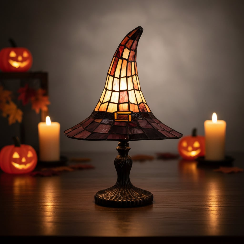 Halloween Witrażowa Lampa Stołowa Kapelusz Czarownicy Tiffany z Metalową Podstawą - Image 2