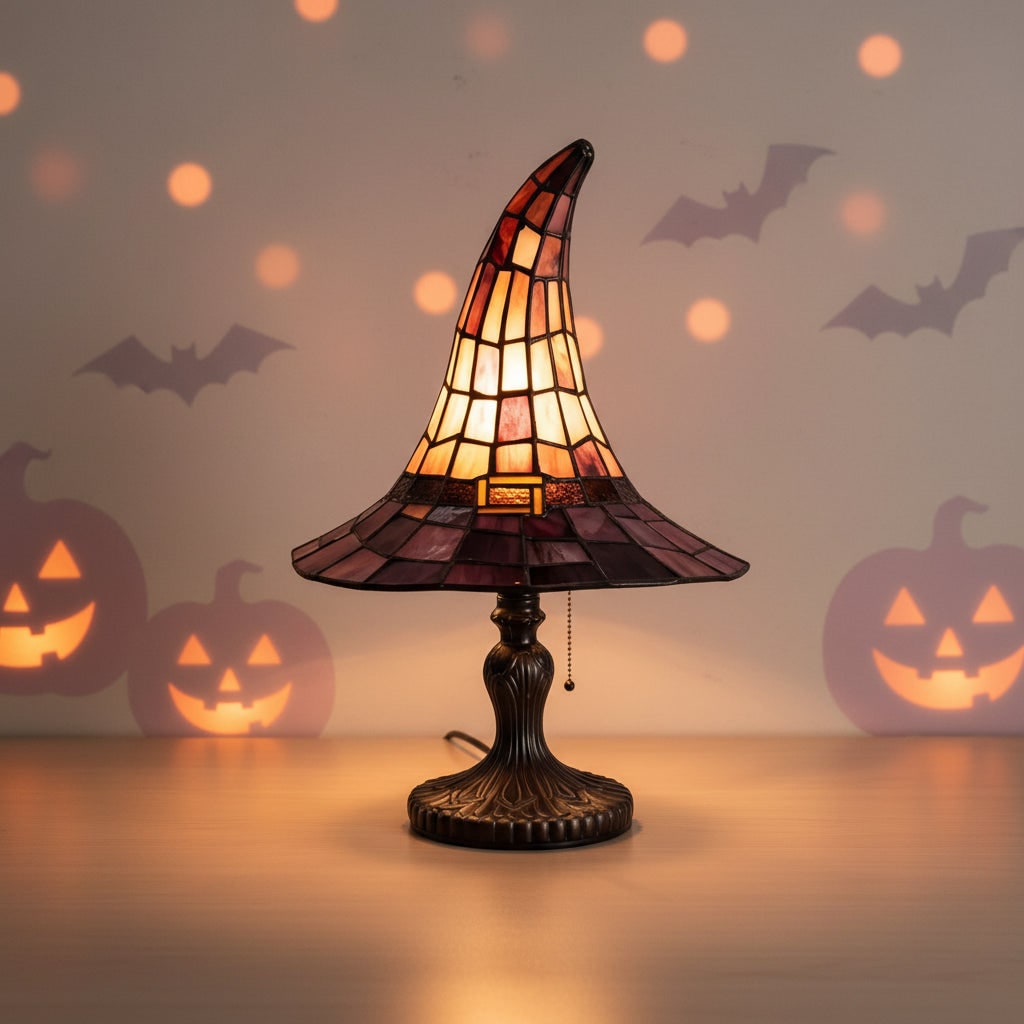 Halloween Witrażowa Lampa Stołowa Kapelusz Czarownicy Tiffany z Metalową Podstawą - Image 3