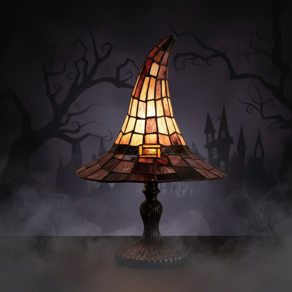 Halloween Witrażowa Lampa Stołowa Kapelusz Czarownicy Tiffany z Metalową Podstawą - Image 4