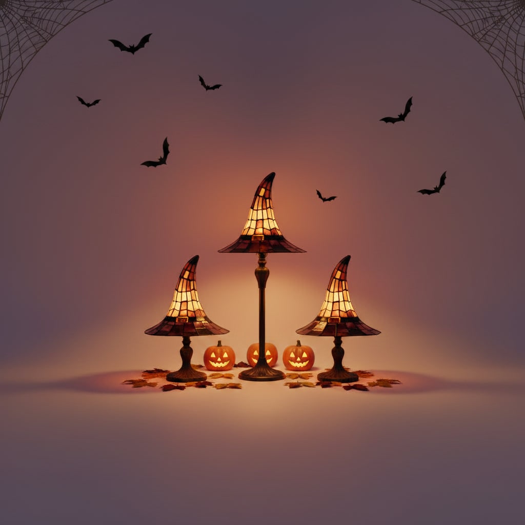Halloween Witrażowa Lampa Stołowa Kapelusz Czarownicy Tiffany z Metalową Podstawą - Image 5