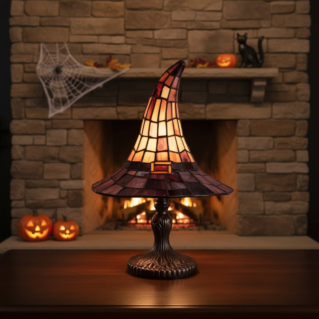Halloween Witrażowa Lampa Stołowa Kapelusz Czarownicy Tiffany z Metalową Podstawą - Image 6