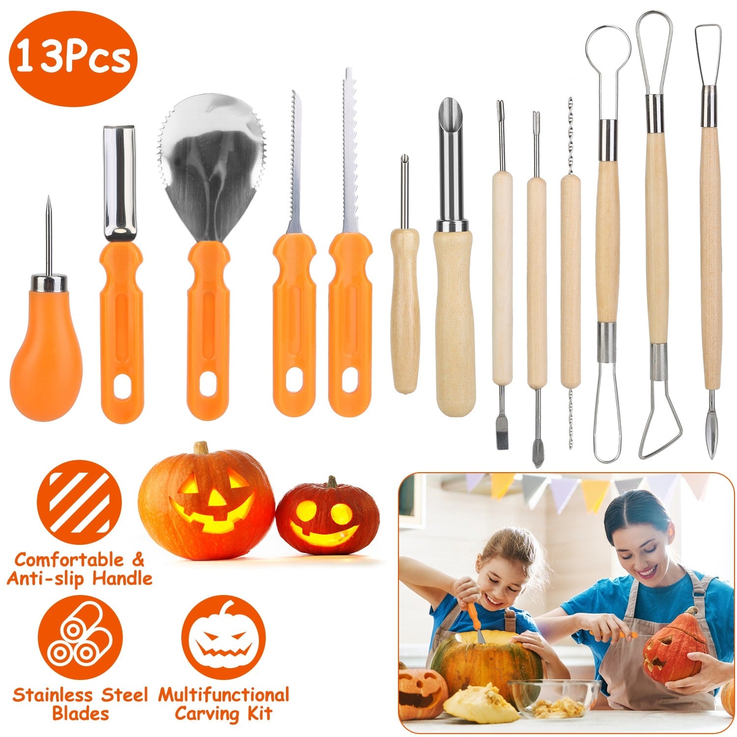 Halloween Zestaw do Wycinania Dyni 13-Elementowy Narzędzia ze Stali Nierdzewnej - Image 1