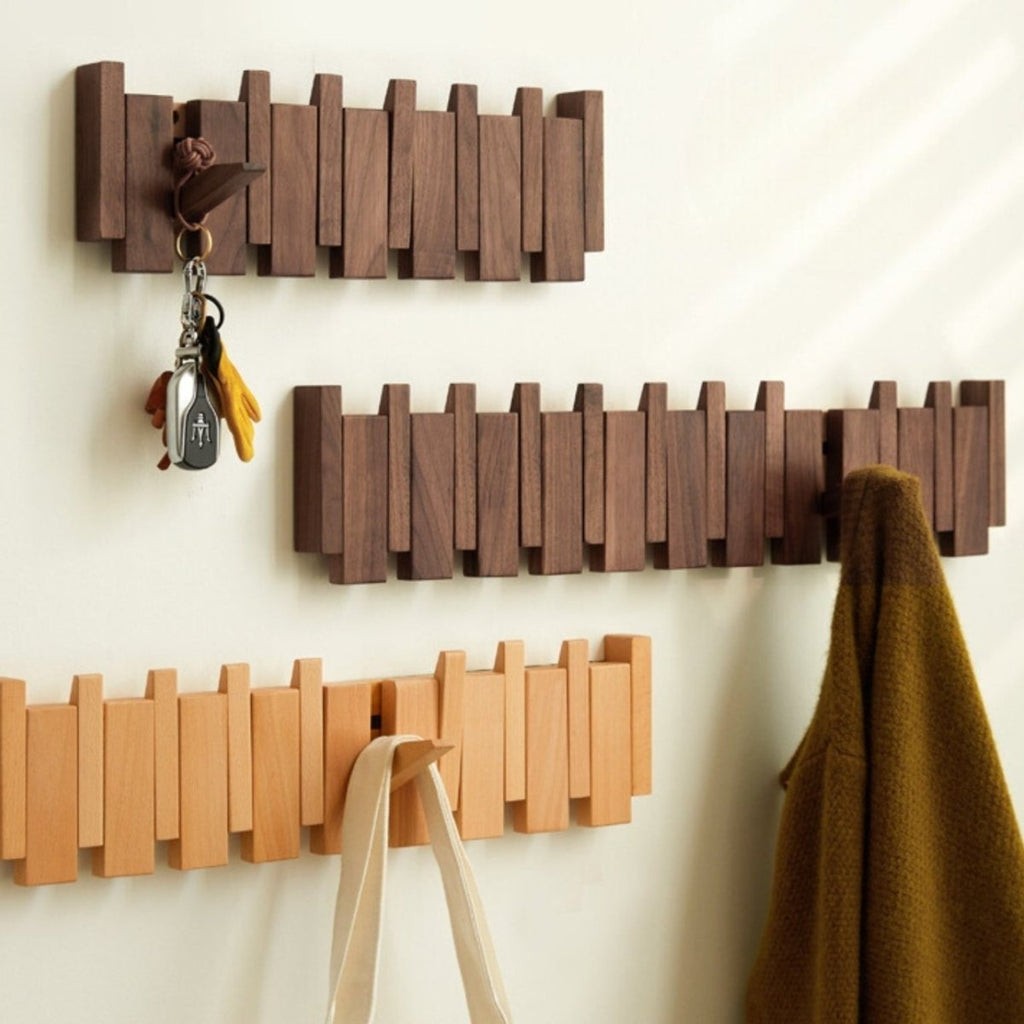 Porte-manteau mural en bois avec crochets pliants style piano