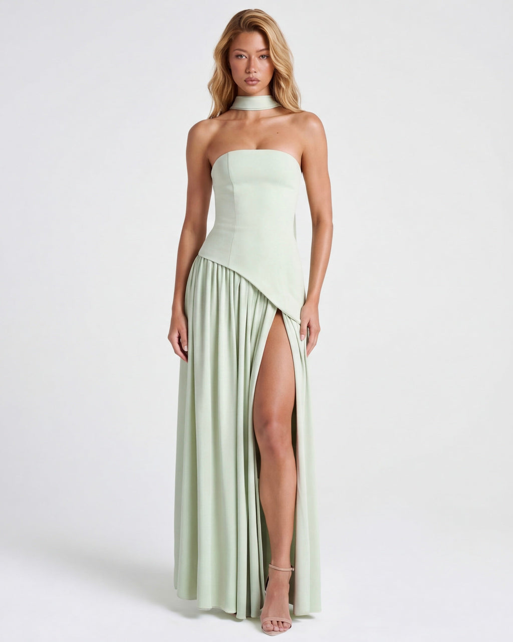 Strapless maxi dress with a high slit