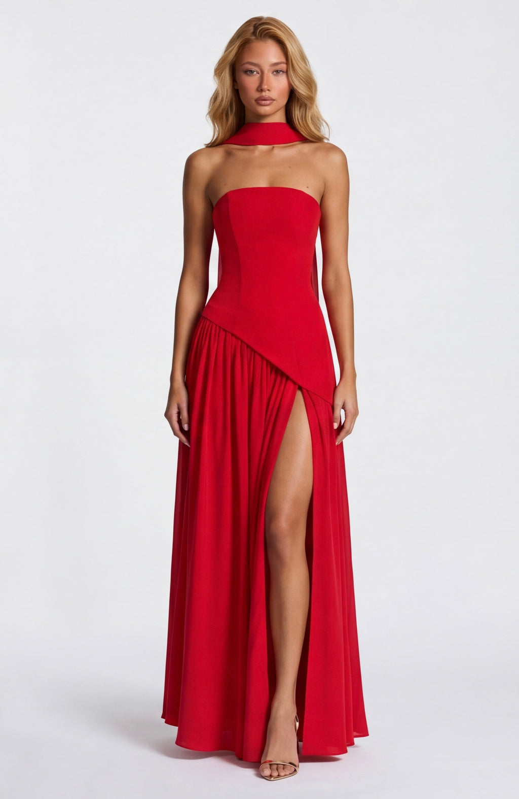 Strapless maxi dress with a high slit
