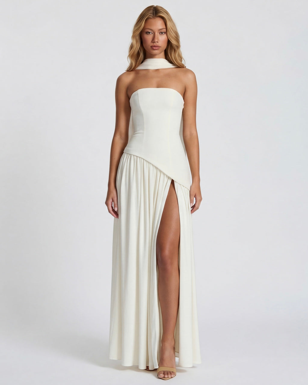Strapless maxi dress with a high slit