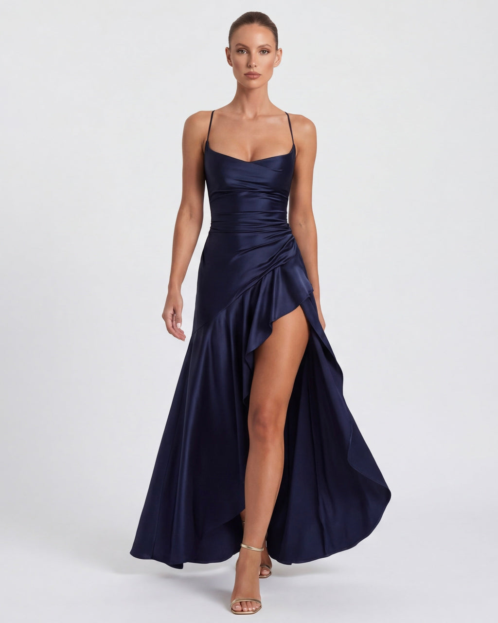 Robe longue avec lien ajustable dans le dos et fente sur la cuisse