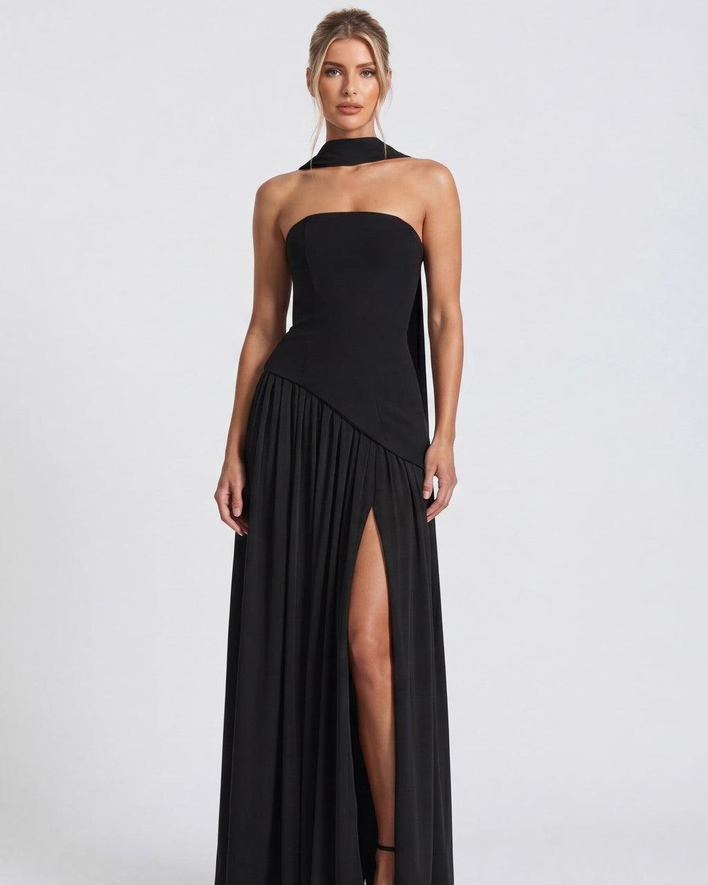 Strapless maxi dress with a high slit