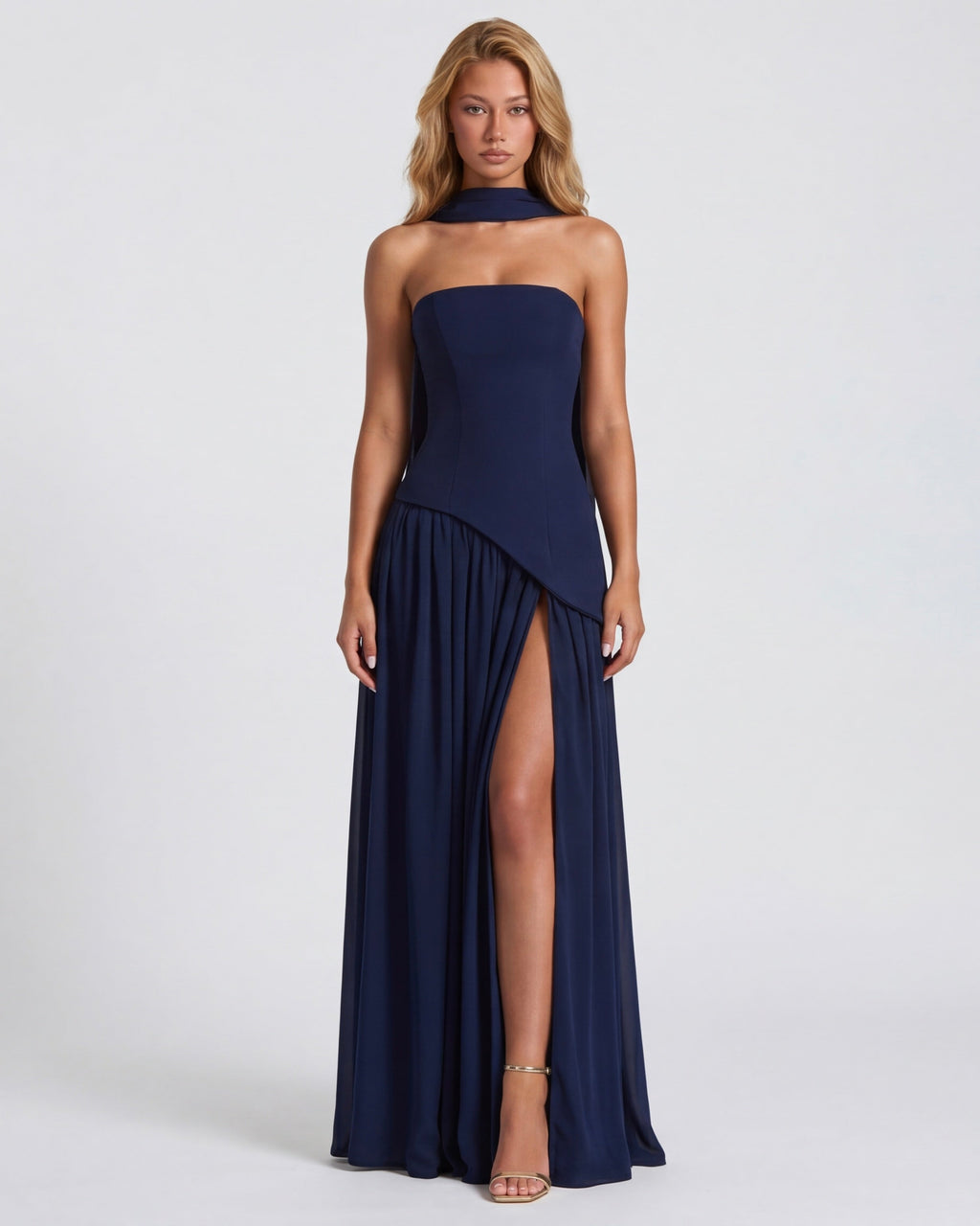 Strapless maxi dress with a high slit