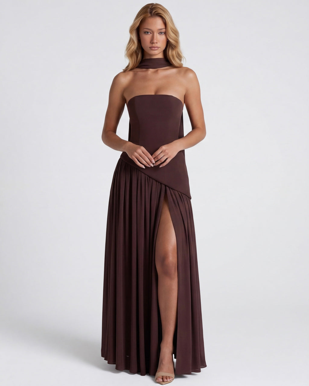 Strapless maxi dress with a high slit