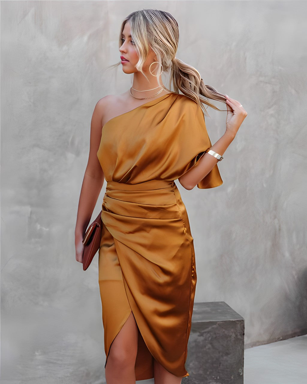 Women's Midi Dress One-Shoulder Elegant Evening Style