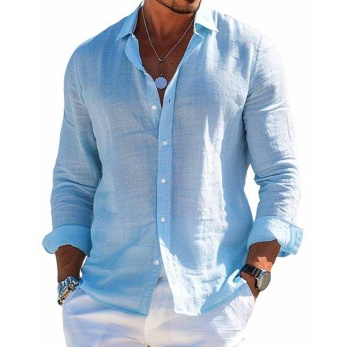 Camicia casual da uomo manica lunga taglio ampio colletto tinta unita
