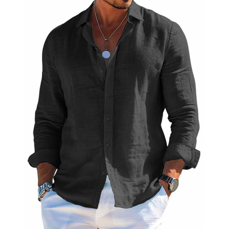 Camicia casual da uomo manica lunga taglio ampio colletto tinta unita