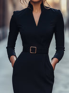 Abito Midi con Cintura e Maniche Lunghe da Donna