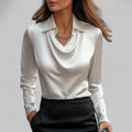 Camicetta da donna a maniche lunghe, scollo drappeggiato, stile elegante