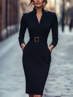 Abito Midi con Cintura e Maniche Lunghe da Donna