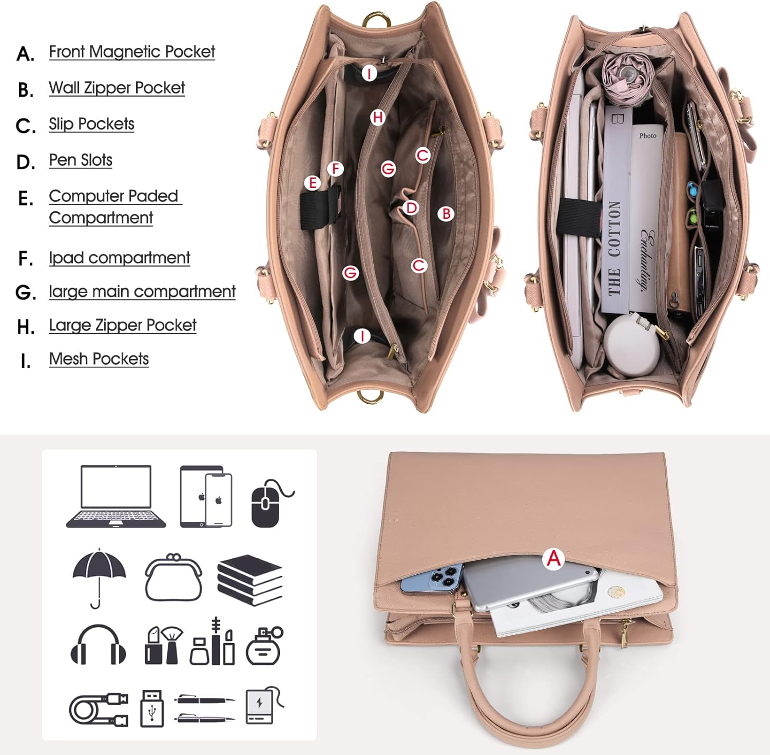 Borsa funzionale da donna per laptop da lavoro con molte tasche