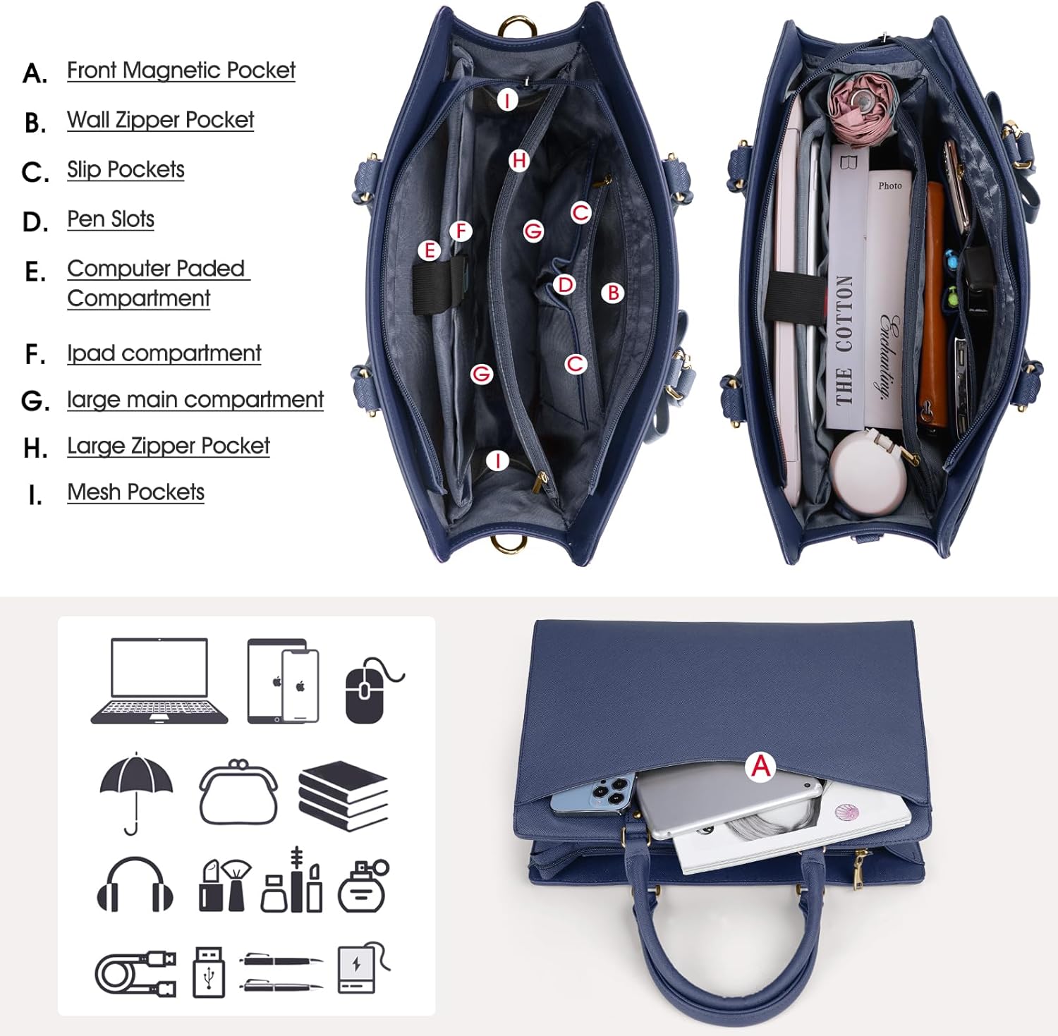 Borsa funzionale da donna per laptop da lavoro con molte tasche