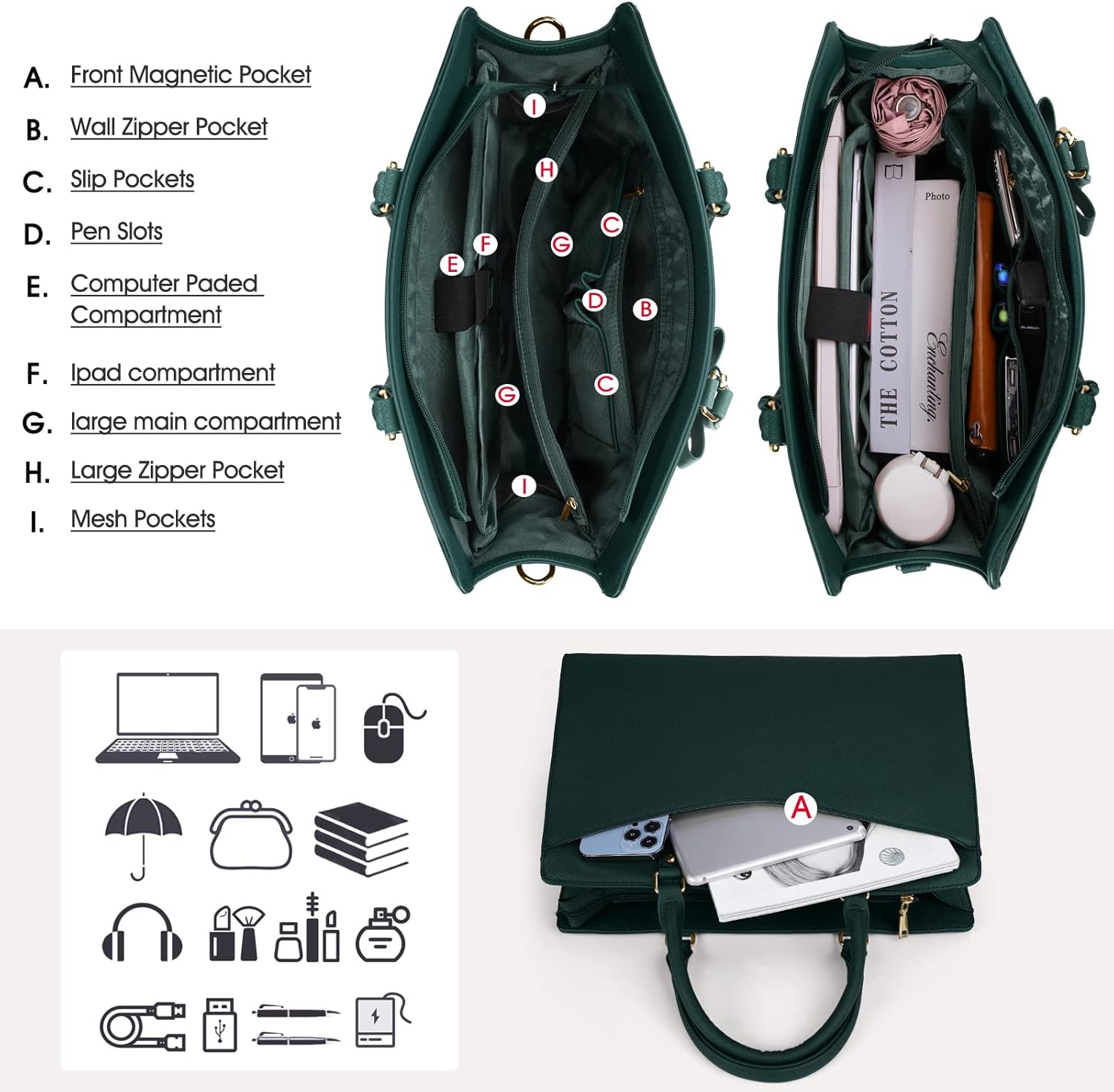 Borsa funzionale da donna per laptop da lavoro con molte tasche