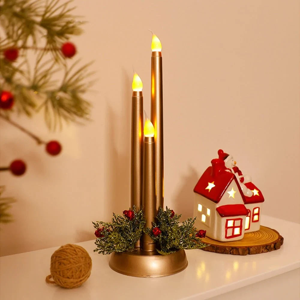 LED Candelabra Light Bulbs with Flickering Flameless Taper Candles and Holiday Centerpiece Greenery - Image 1