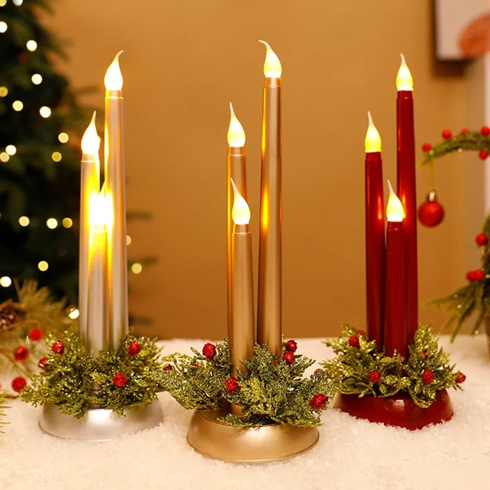 LED Candelabra Light Bulbs with Flickering Flameless Taper Candles and Holiday Centerpiece Greenery - Image 2