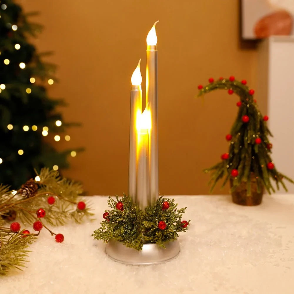LED Candelabra Light Bulbs with Flickering Flameless Taper Candles and Holiday Centerpiece Greenery - Image 3