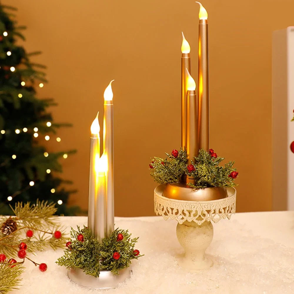 LED Candelabra Light Bulbs with Flickering Flameless Taper Candles and Holiday Centerpiece Greenery - Image 4