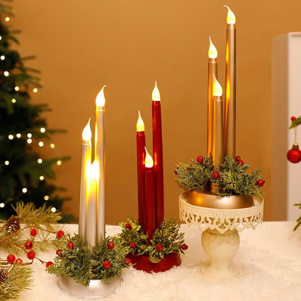 LED Candelabra Light Bulbs with Flickering Flameless Taper Candles and Holiday Centerpiece Greenery - Image 9