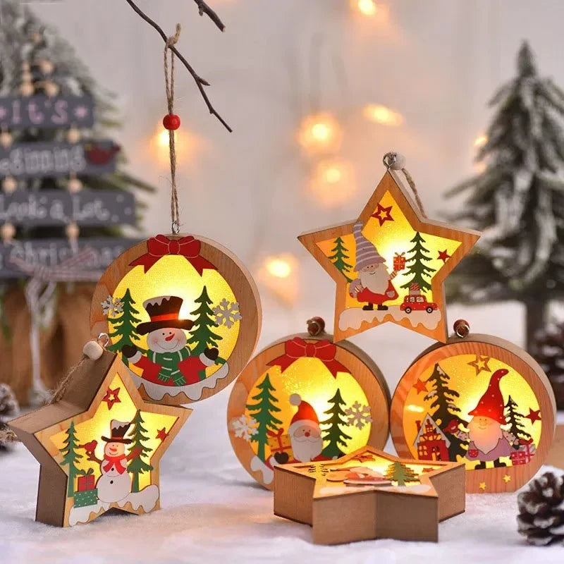 LED Light Up Wooden Christmas Ornaments with Warm Glow for Xmas Tree Decorations - Image 1