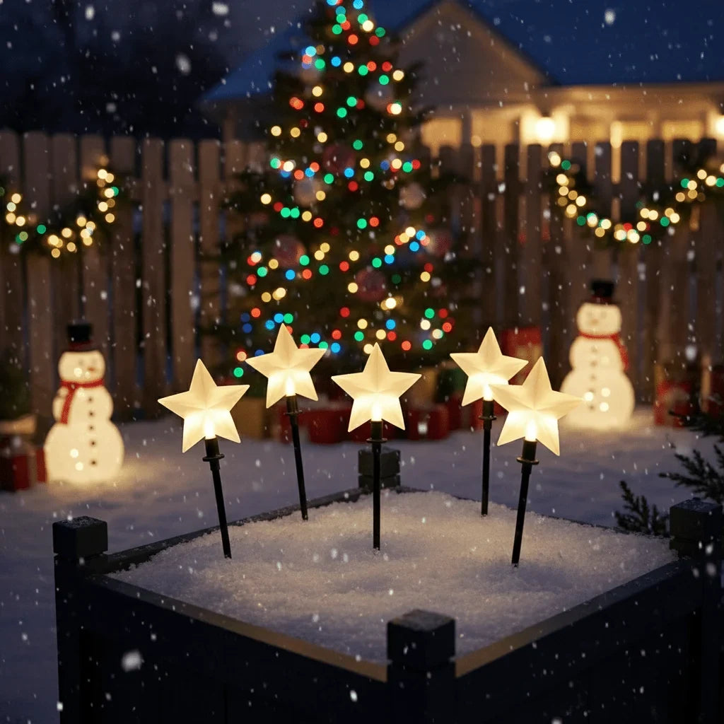 LED Pathway Lights with Star-Shaped Design Warm White Outdoor Lighting Set of 5 Weatherproof Stakes - Image 1