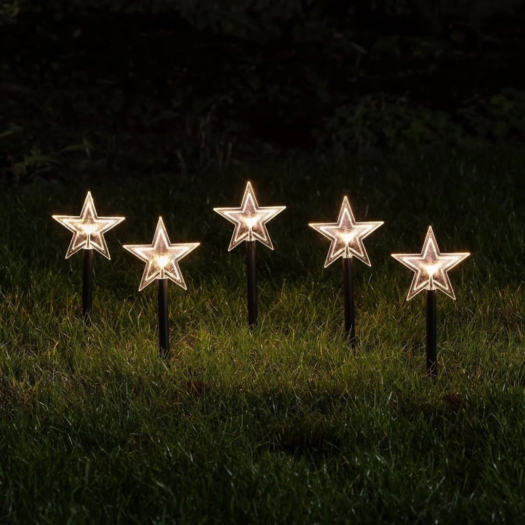 LED Pathway Lights with Star-Shaped Design Warm White Outdoor Lighting Set of 5 Weatherproof Stakes - Image 2