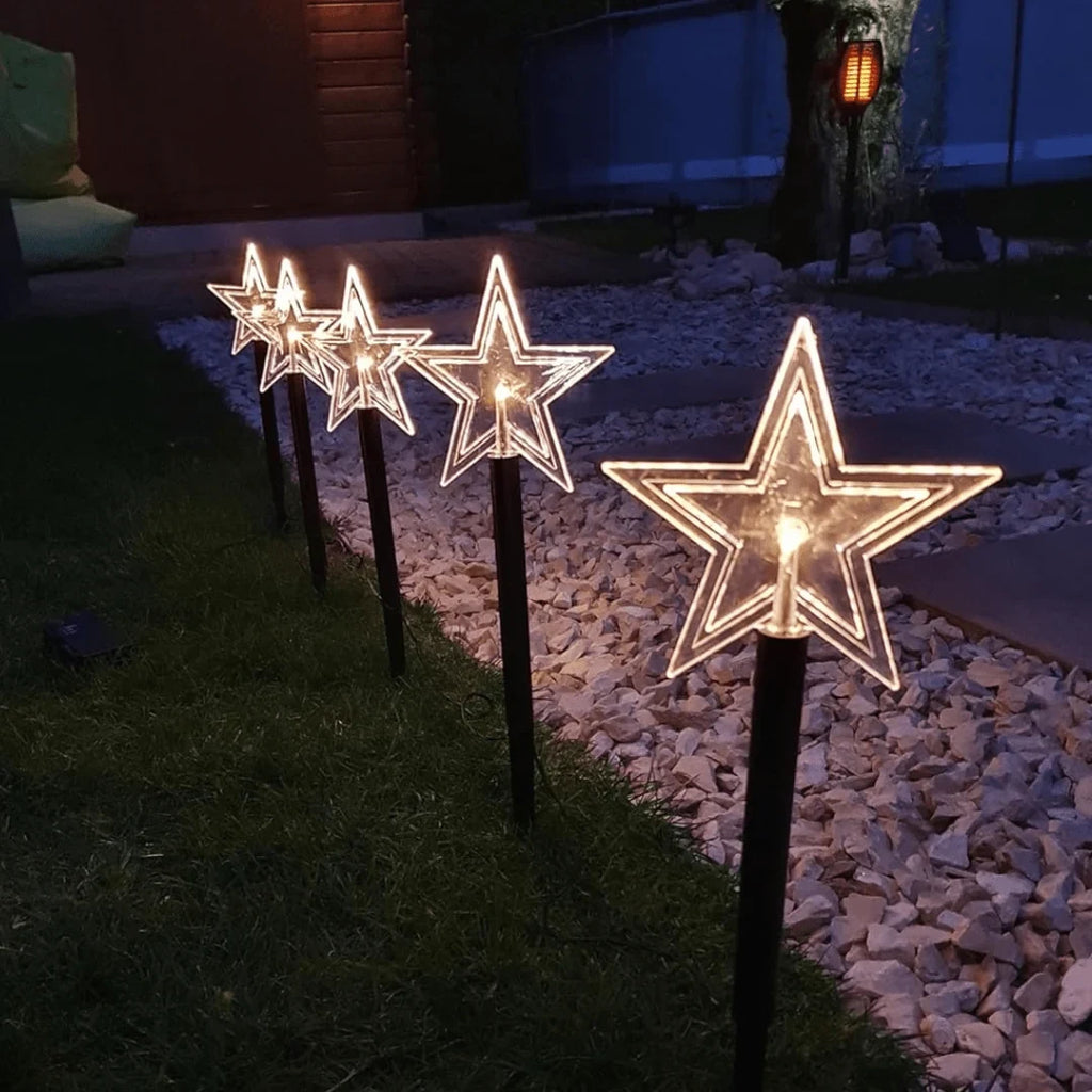LED Pathway Lights with Star-Shaped Design Warm White Outdoor Lighting Set of 5 Weatherproof Stakes - Image 3