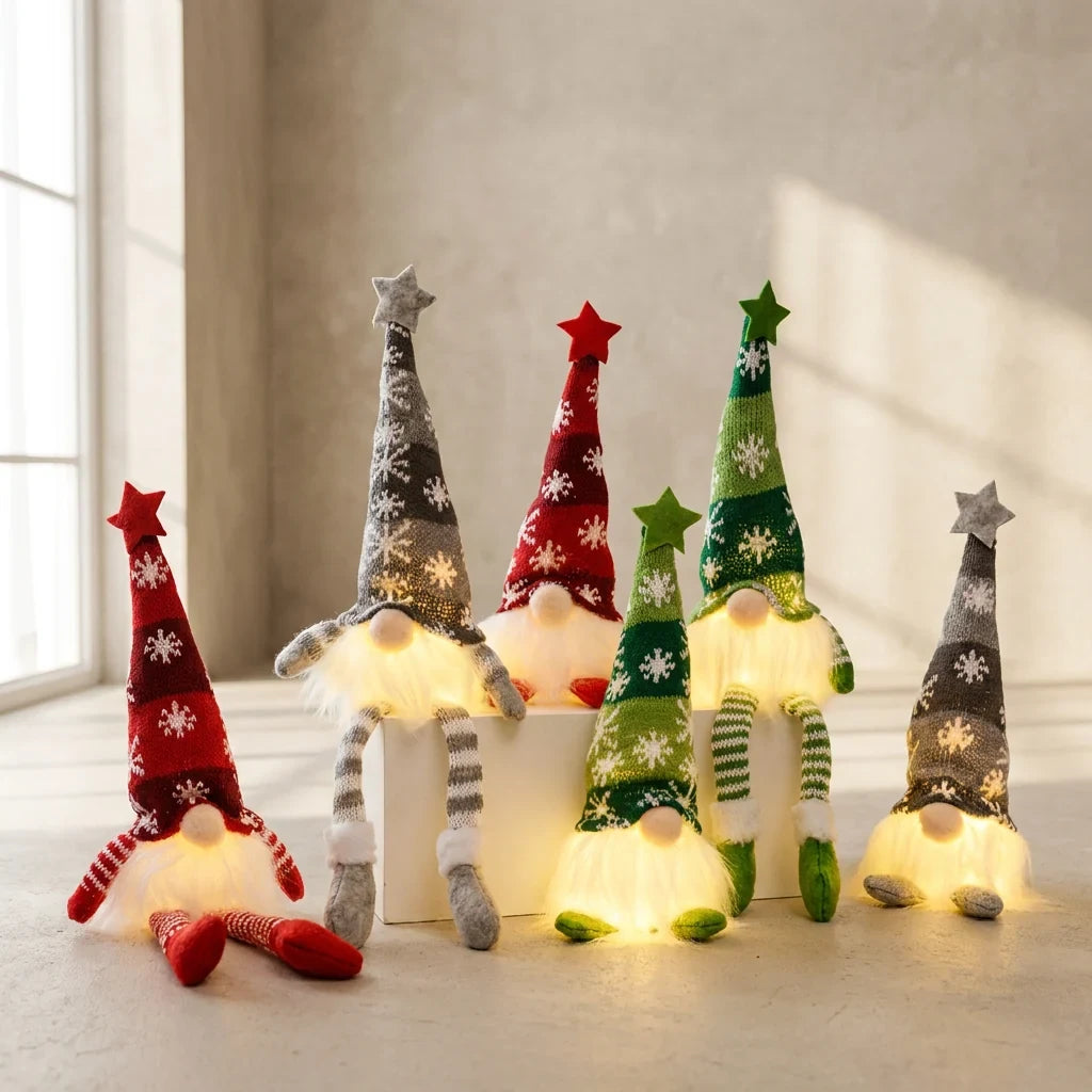 Light Up Christmas Gnome with Knit Snowflake Hat and Plush Faux Fur Beard - Image 1