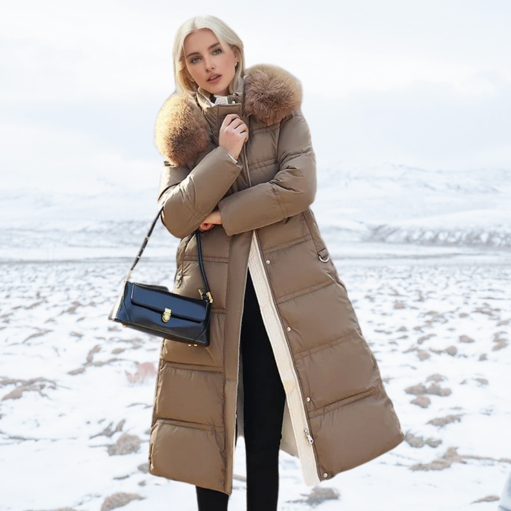 Long Black Puffer Coat with Faux Fur Hood and Quilted Design - Image 1