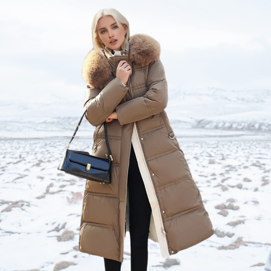 Long Black Puffer Coat with Faux Fur Hood and Quilted Design - Image 1