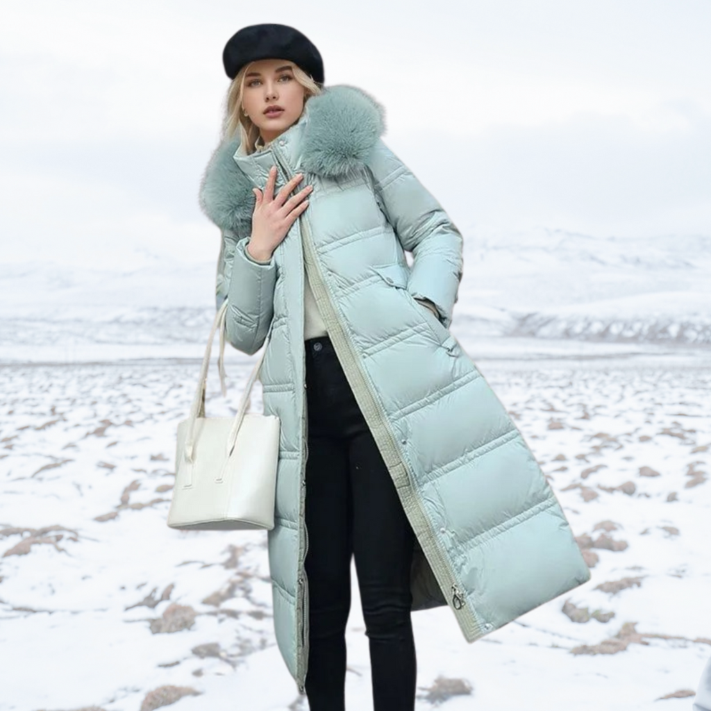 Long Black Puffer Coat with Faux Fur Hood and Quilted Design - Image 10