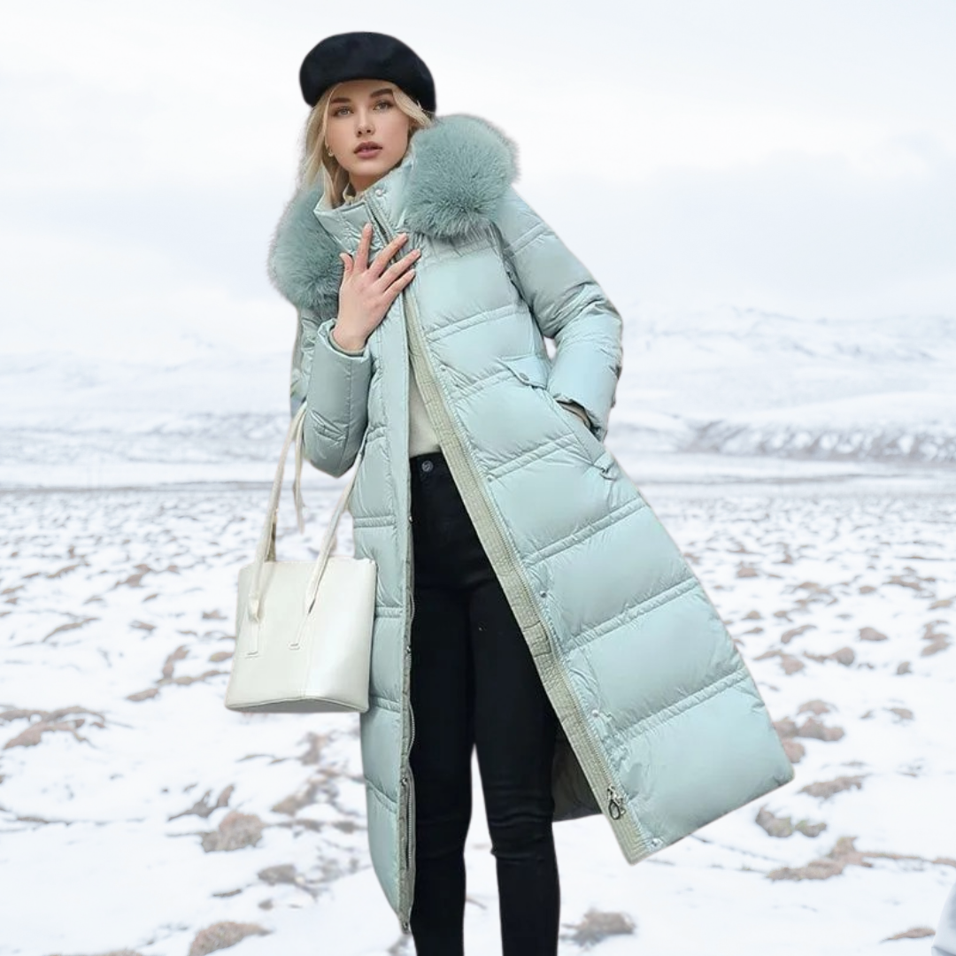 Long Black Puffer Coat with Faux Fur Hood and Quilted Design - Image 10