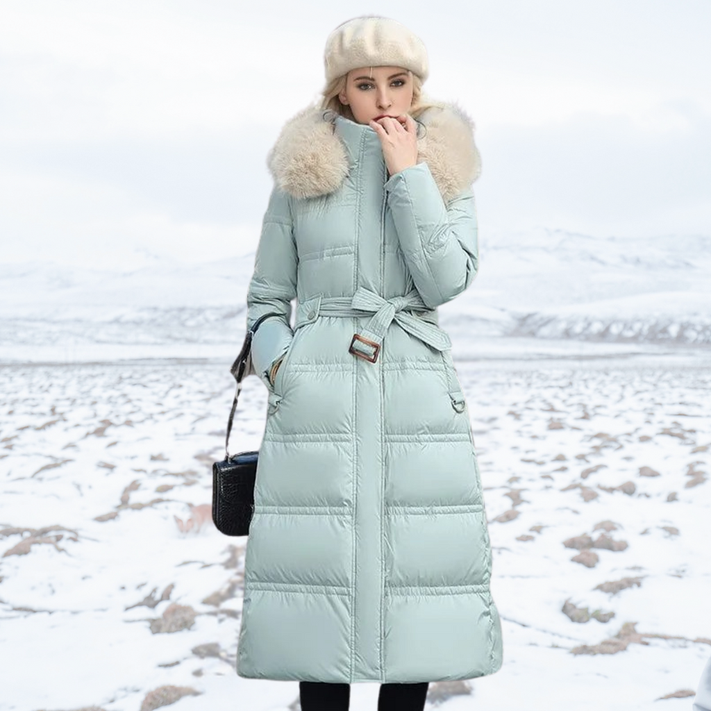 Long Black Puffer Coat with Faux Fur Hood and Quilted Design - Image 11