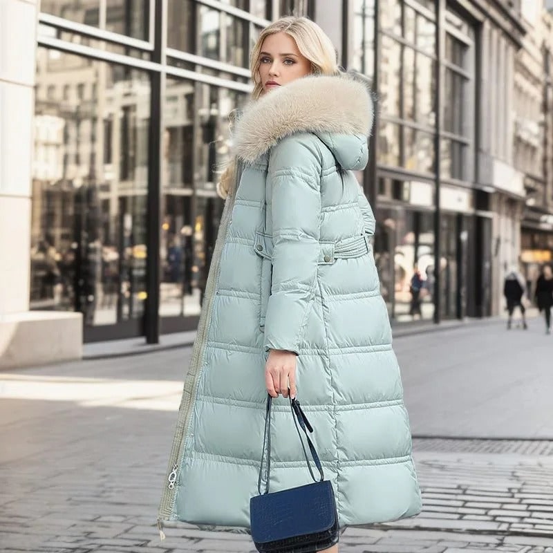 Long Black Puffer Coat with Faux Fur Hood and Quilted Design - Image 12