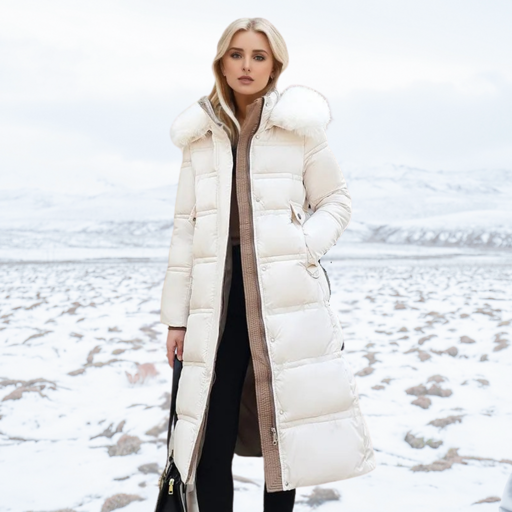 Long Black Puffer Coat with Faux Fur Hood and Quilted Design - Image 13