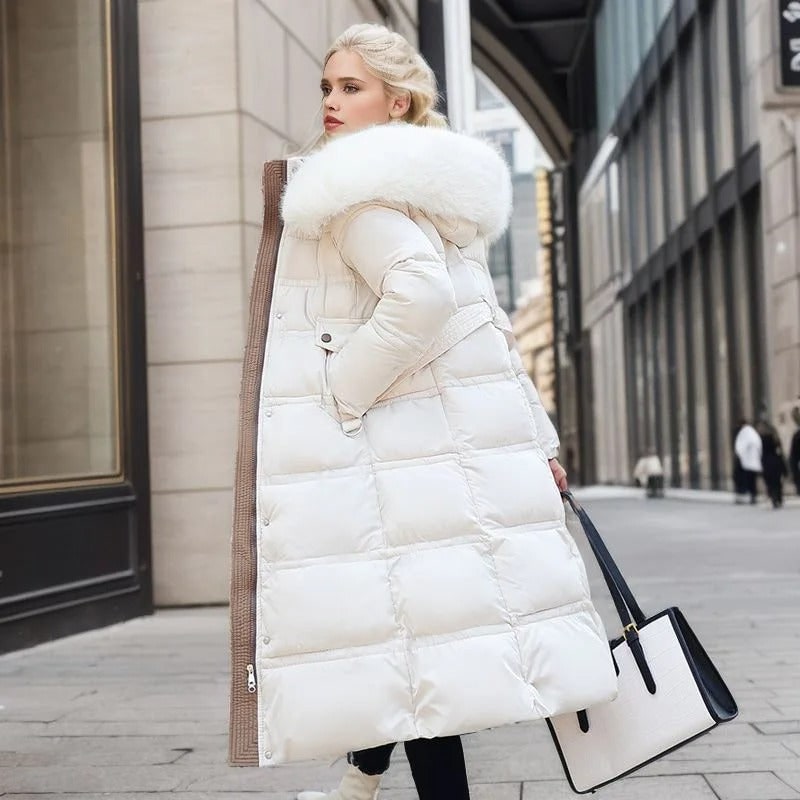 Long Black Puffer Coat with Faux Fur Hood and Quilted Design - Image 14