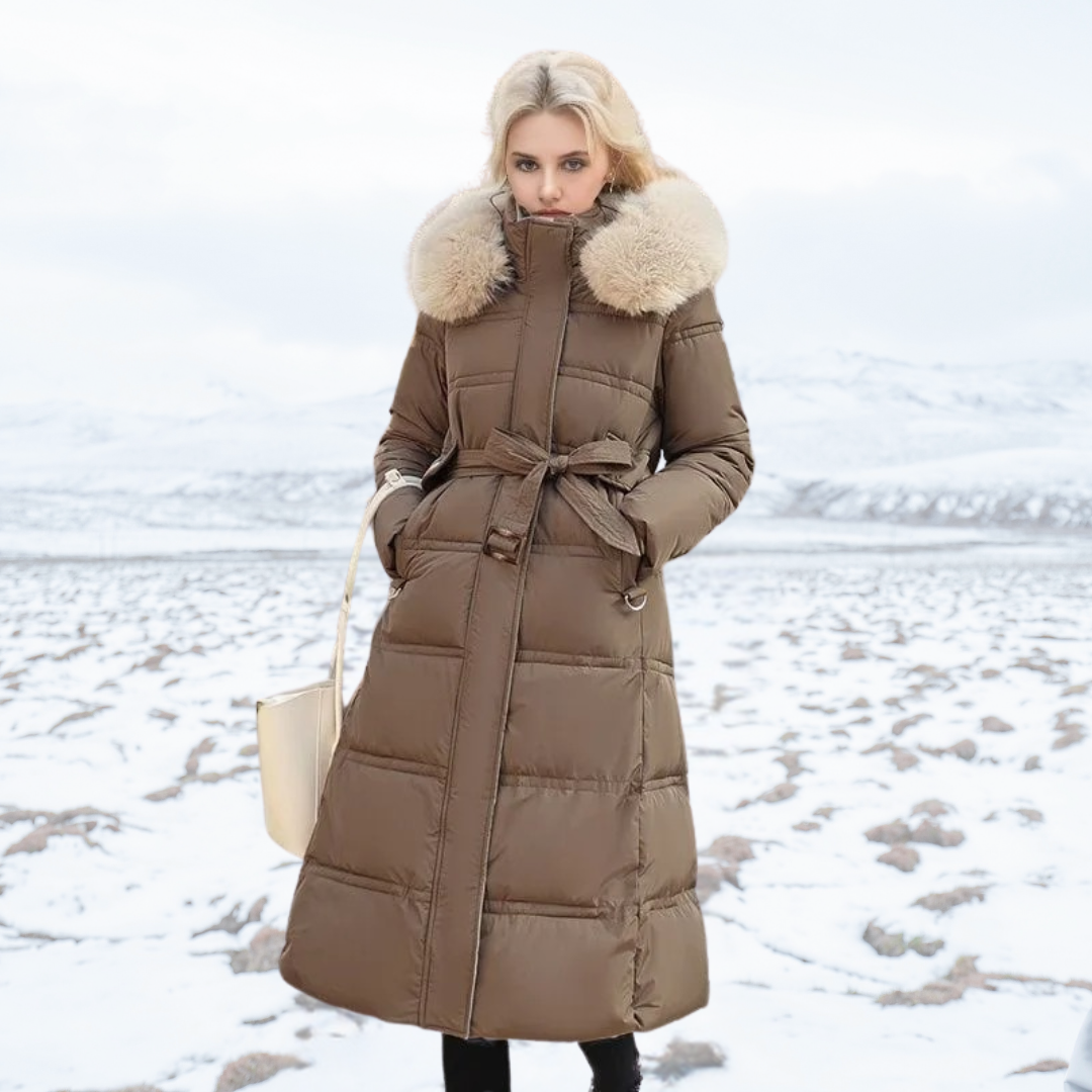 Long Black Puffer Coat with Faux Fur Hood and Quilted Design - Image 2