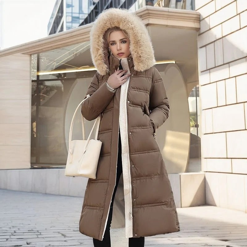Long Black Puffer Coat with Faux Fur Hood and Quilted Design - Image 3